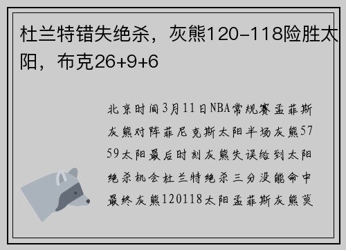 杜兰特错失绝杀，灰熊120-118险胜太阳，布克26+9+6